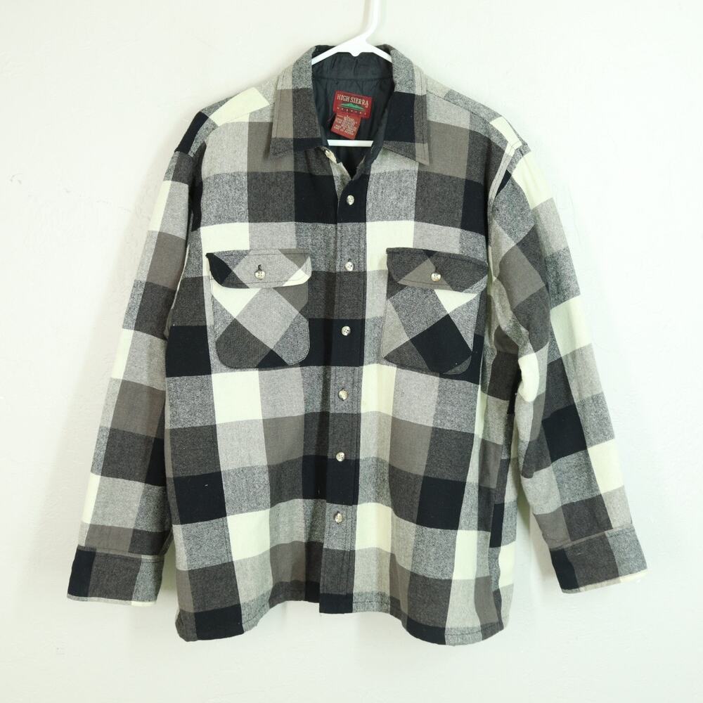 VTG High Sierra Shirt Jacket Men XL Gray Black Plaid Button Pockets Insulated
